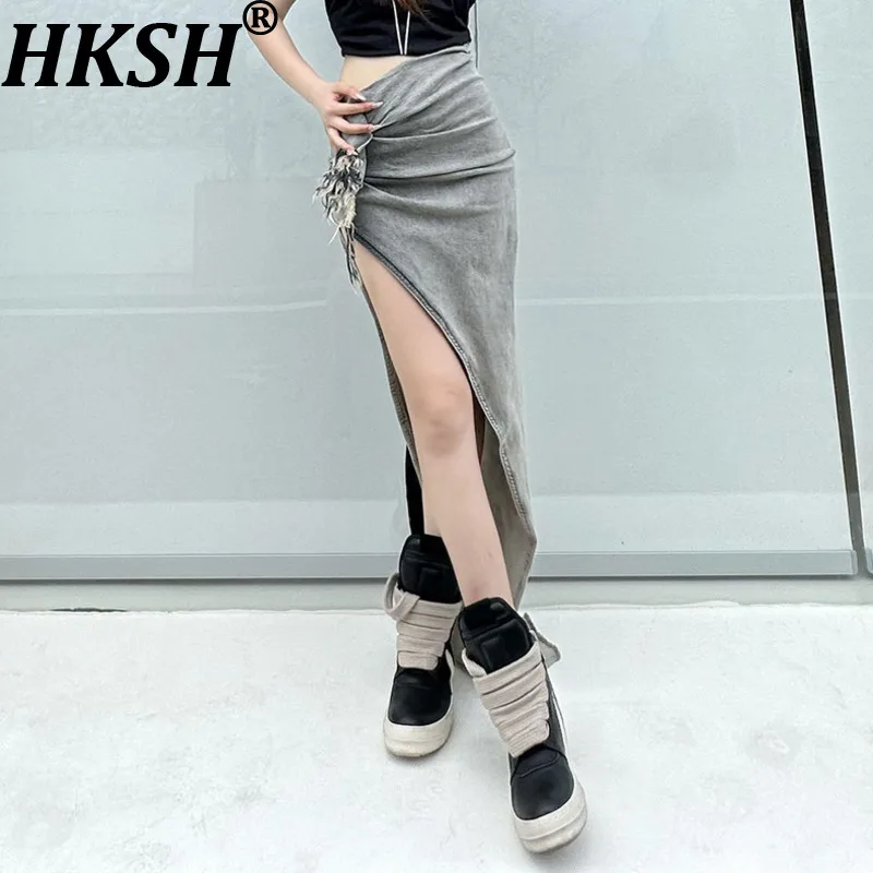 HKSH Women Chic Skirt Dark Irregular Distressed Washed Split Streetwear Sexy Trend Floor-Length Skirts New Spring Summer HK20359