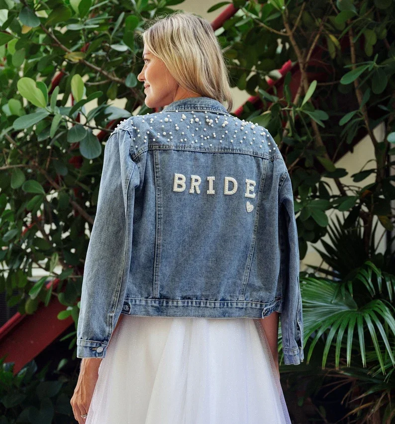 BRIDE Rhinestone Custom Bridal Denim Jacket Future Mrs Wedding Jackets Wifey Name Pearl Detailing Personalized Bridal Party Coat