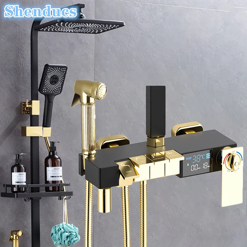 Piano Bathroom Shower Set Hot Cold Bathroom Faucet Accessories 12 Inch Rainfall Shower Head Piano Thermostatic Shower System