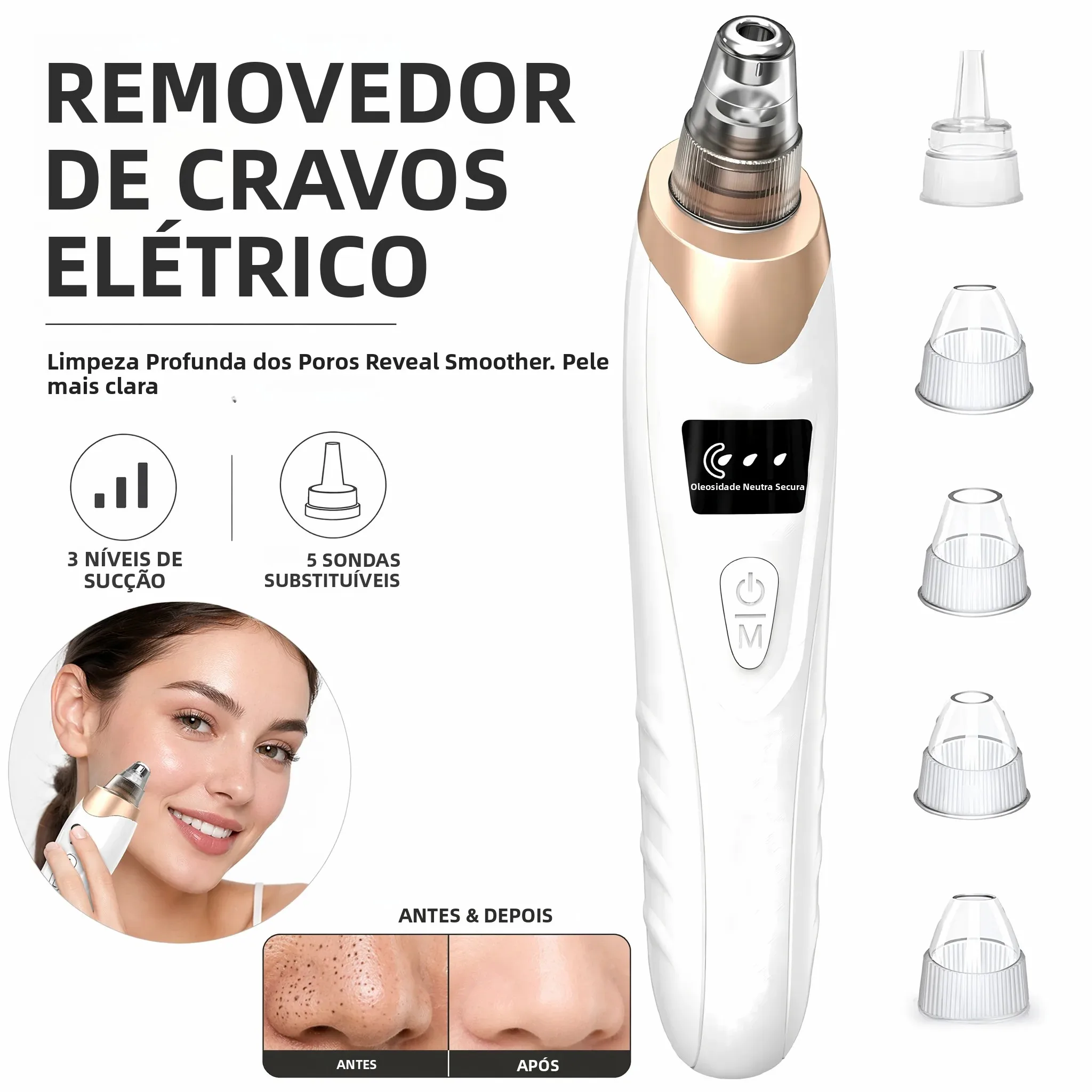 Removedor de Cravos Elétrico a Vácuo, 3 Modos de Sucção, 4 Pontas, Recarregável via USB, Limpador Facial à Prova d'Água