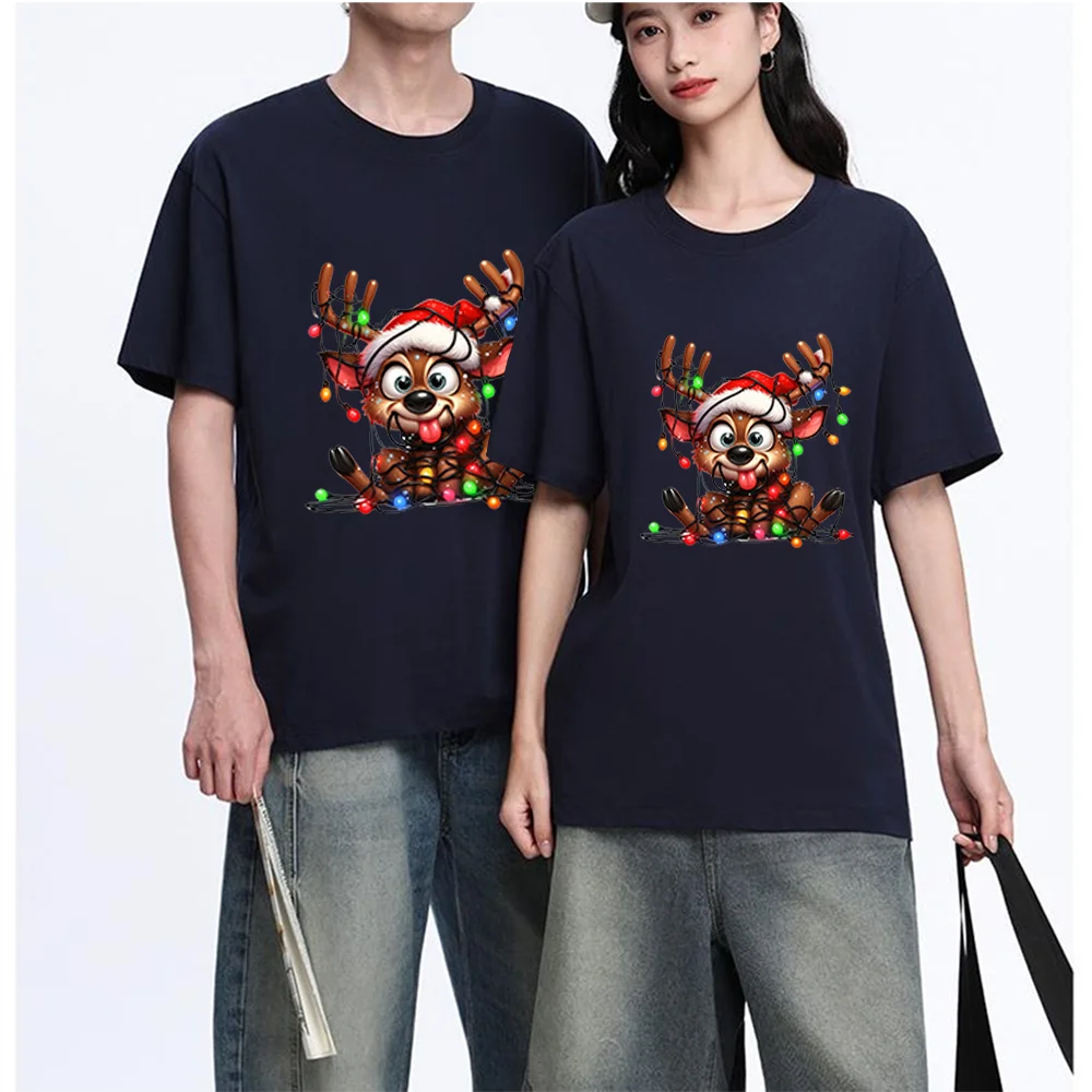 Cute Reindeer With Christmas Lights Printed T Shirt Breathable Fabric S-XXL Personalized Custom T Shirt Unisex Fit Casual Short