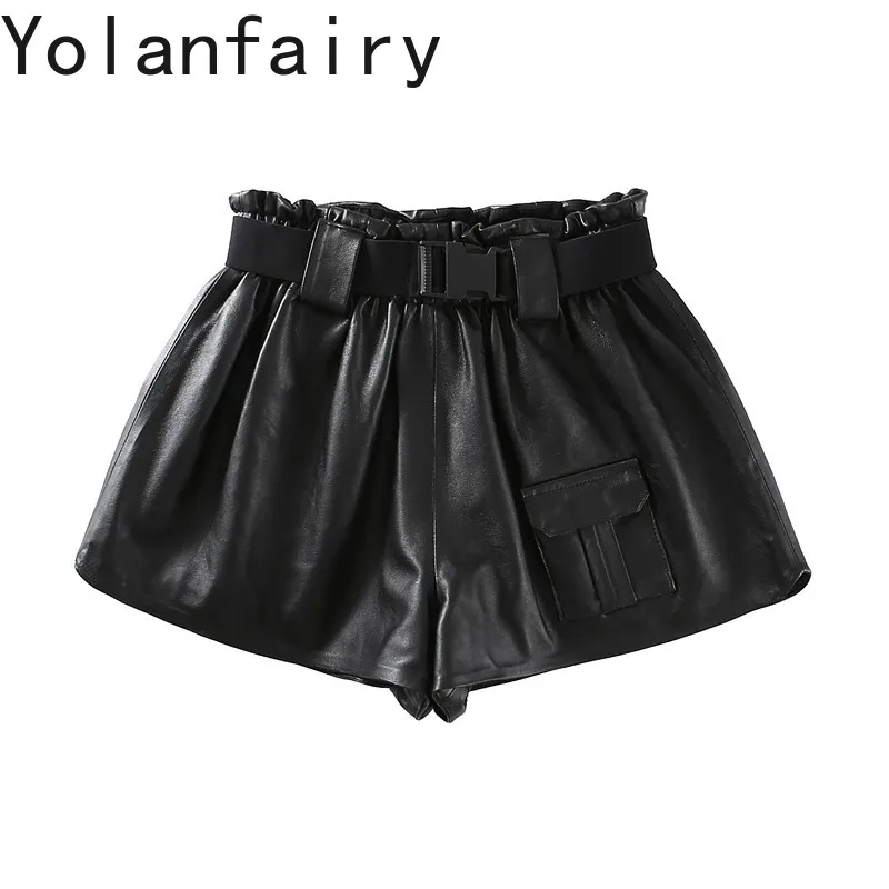 

YOLANFAIRY Real Sheepskin Leather Shorts for Woman Elegant High Elastic Waist Short Pants Casual Black Wide Leg Shorts Damen