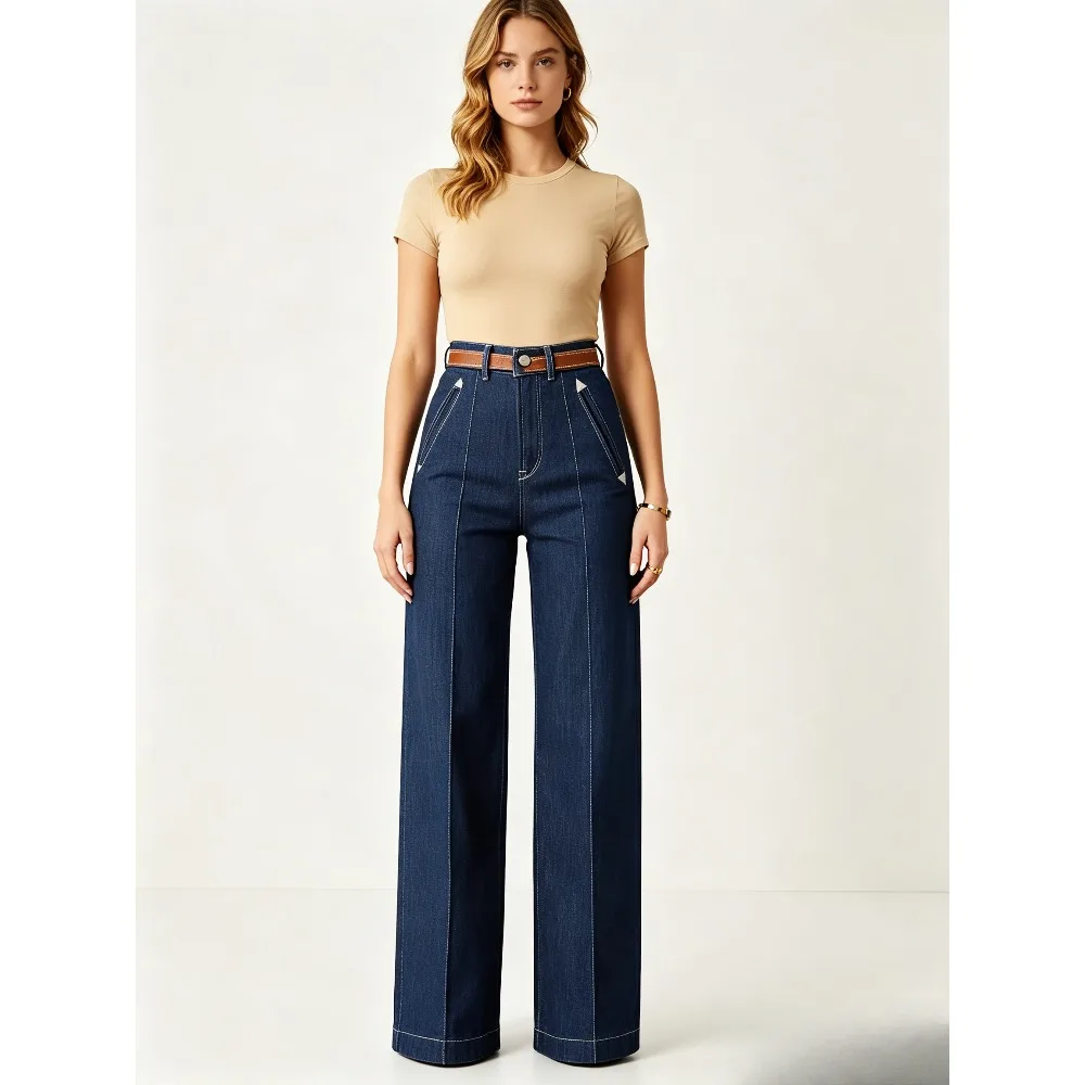 Ladies lazy high-waisted wide-leg jeans, fashionable and versatile loose straight blue mop pants.