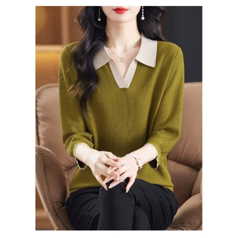 Women's New Patchwork Fashion Solid Color Loose Bottoming Lapel Three-quarter Sleeve Sweater Top
