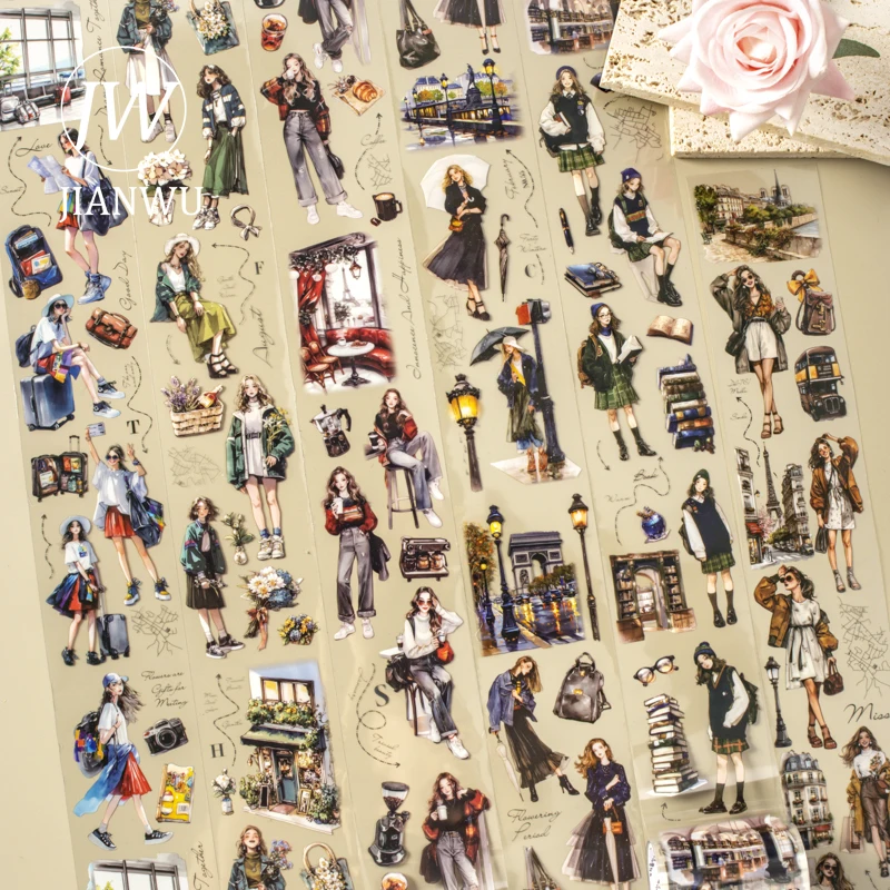 

JIANWU Luna's Trip To Paris Series Vintage Travel Character Landscape Material Collage PET Tape Creative Journal Stationery