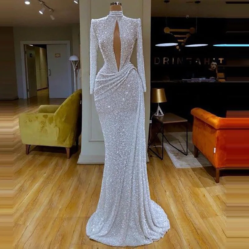 White Sequins Gala Prom Dresses Long Sleeves High Neck Keyhole Front Sheath Custom Made Evening Party Long Gowns