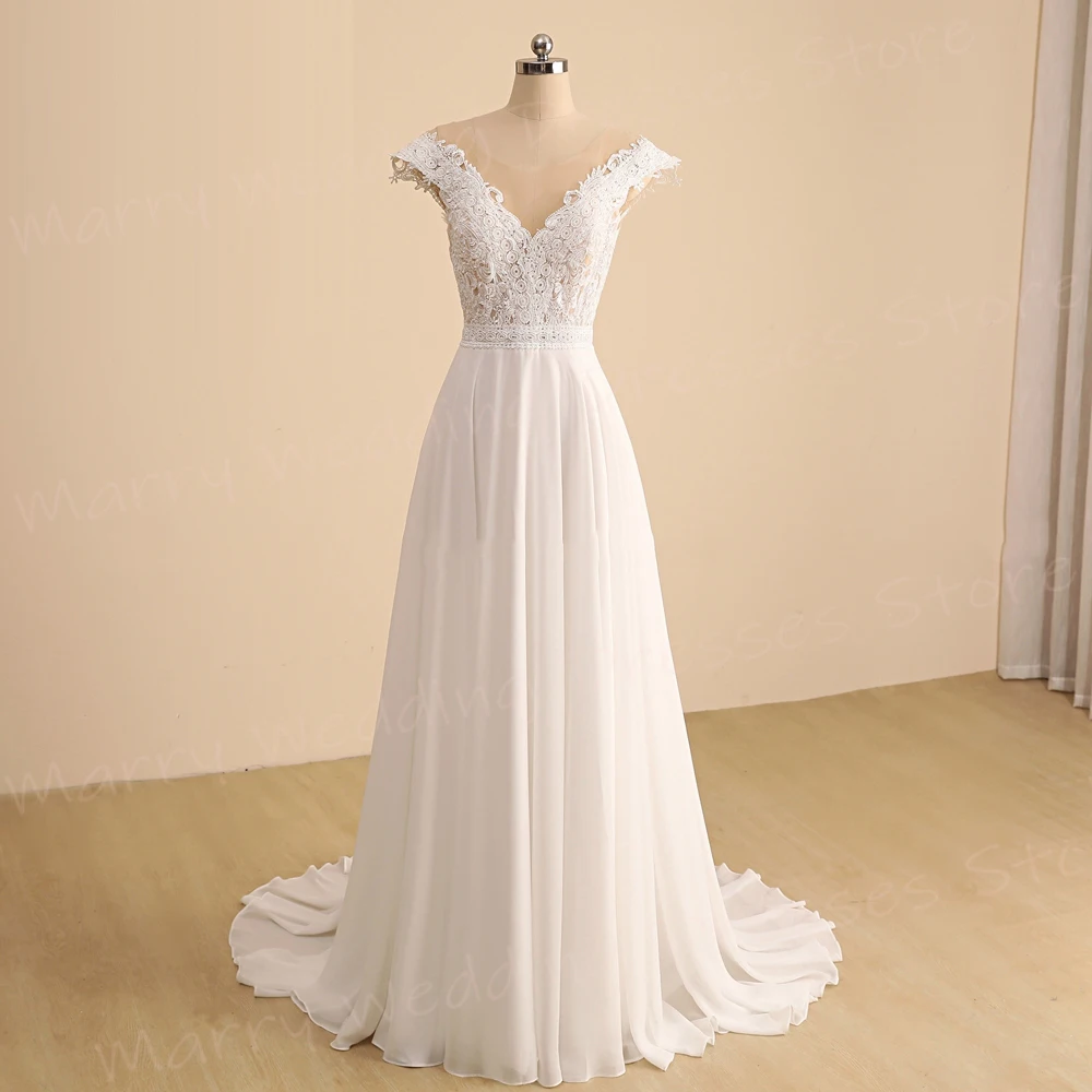 

Generous Graceful A Line Women's Wedding Dresses Beautiful Modern Lace Appliques Bride Gowns Cap Sleeve Backless Abiti Da Sposa