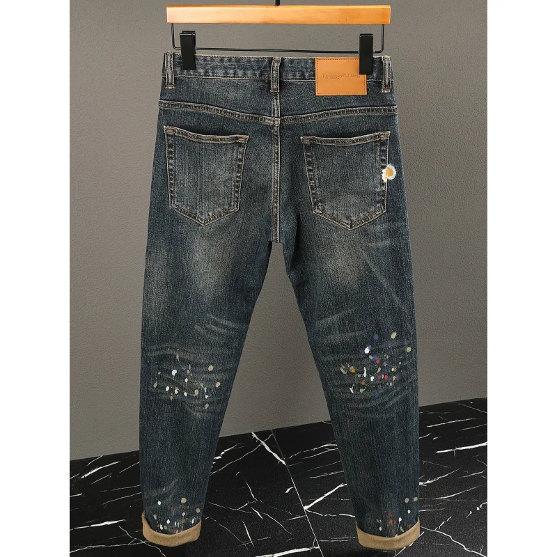 

Новинка осени 2025 года, джинсы с граффити, мужские маленькие прямые трубки, модные брюки в стиле ретро