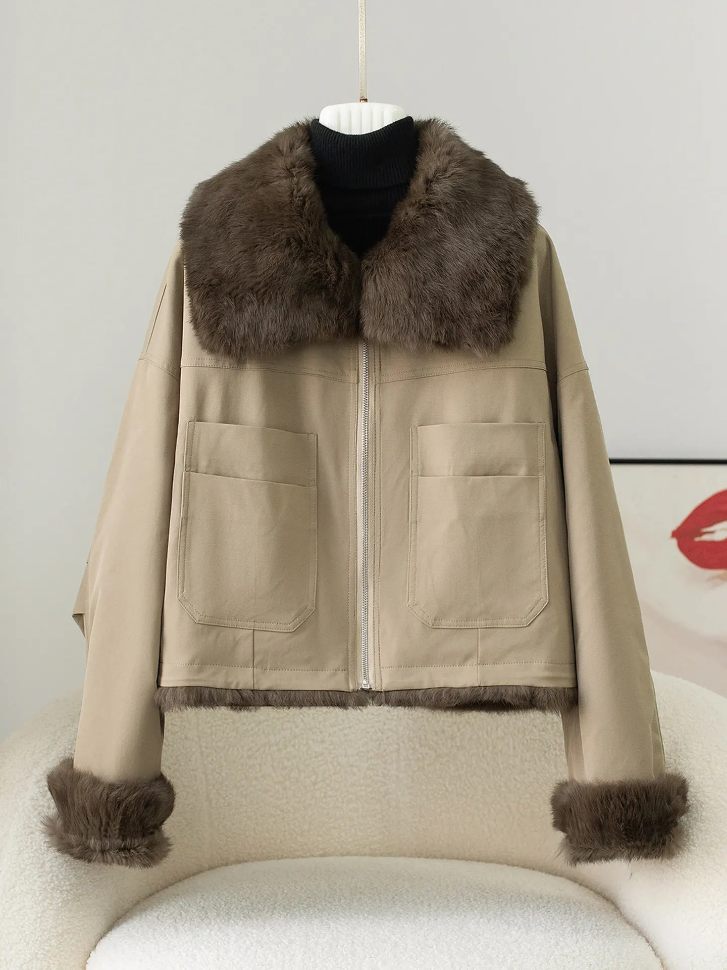 A new young women's 2025 fur parka with a large lapel and rabbit fur coat