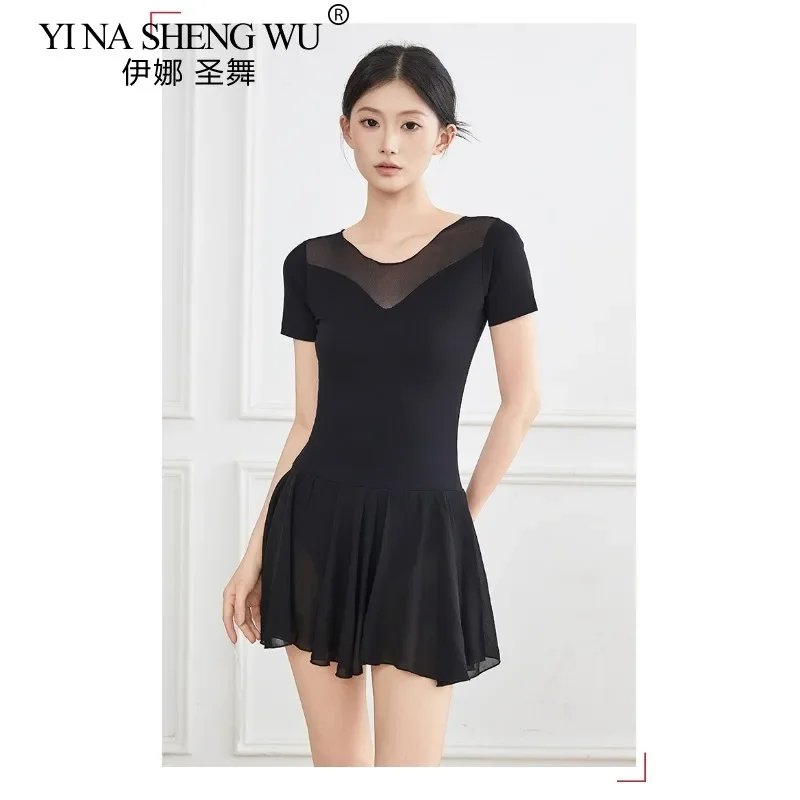Nueva ropa negra para práctica de baile de Ballet, falda de hilo de manga corta para adultos, ropa ajustada, mono, ropa para el cuerpo