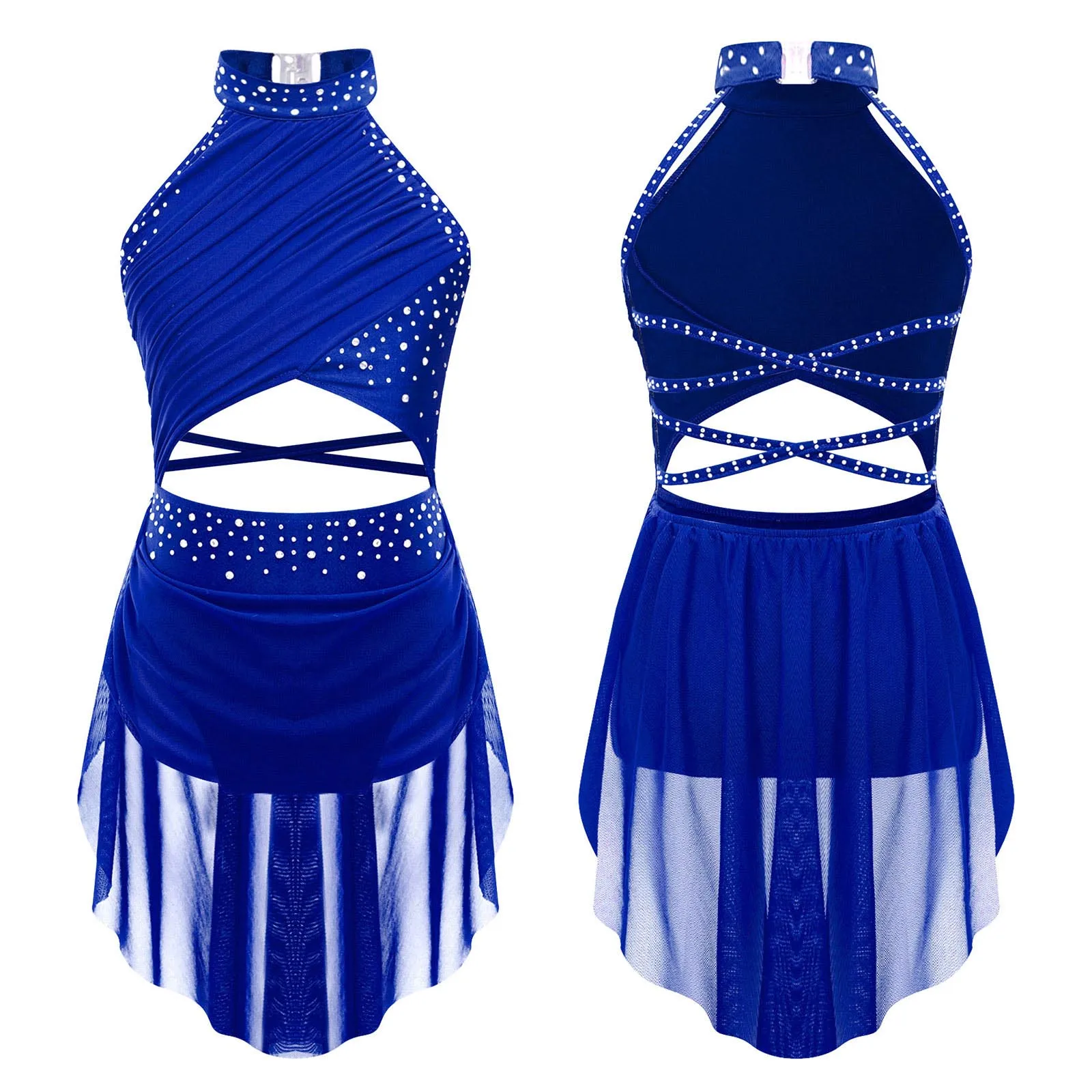

Girls Rhinestone Ballet Leotard Dress Modern Lyrical Dance Dress Sheer Mesh Gymnastics Figure Skating Performance Dance Costume