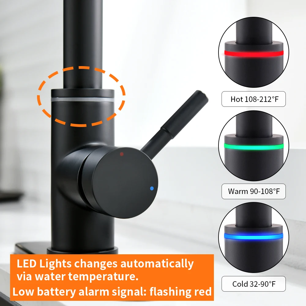 Imagem -02 - Sensor Inteligente Toque Torneiras de Cozinha com Led Único Furo Guindaste Torneira da Cozinha Misturador Pia Água Girar Sensor Toque Wf1066