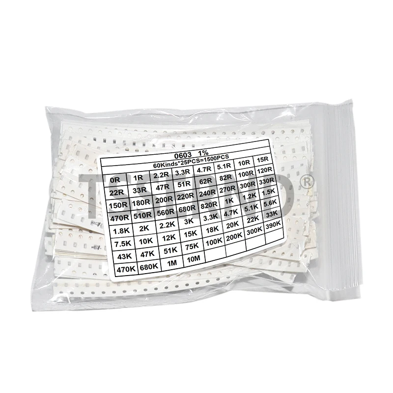 1500PCS SMD 0603 0805 Resistors Assorted Set (60 Values X 25Pcs) 0R-10M Ohm 1% High Precision Film Chip Resistance Kit
