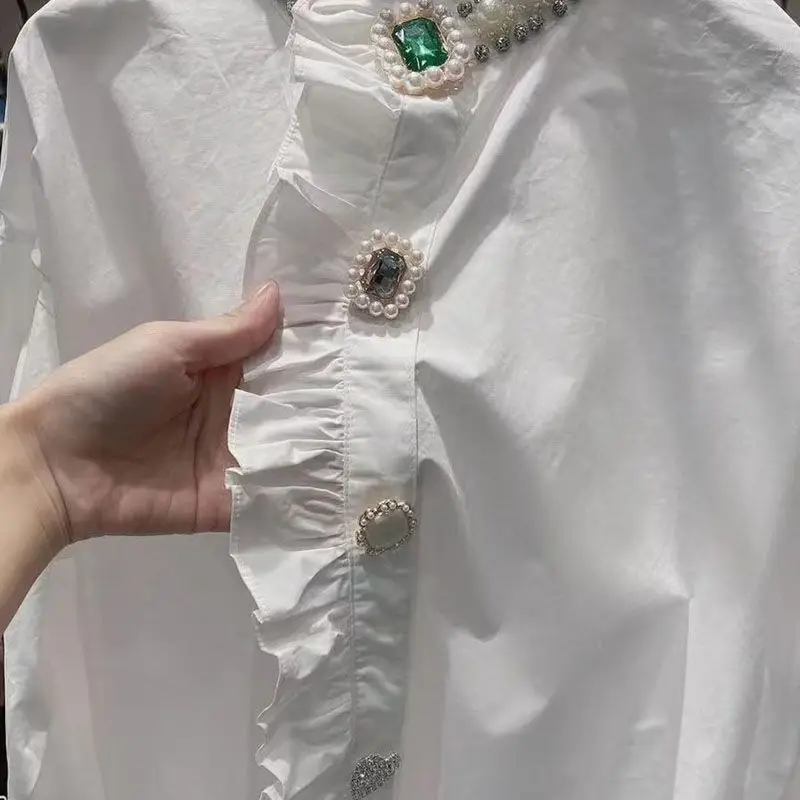 Ruffles Collar Diamond Button Up Shirts Womens 2022 Spring New In Long Petal Sleeve Blouse Chic Tops White Black Shirt Cotton