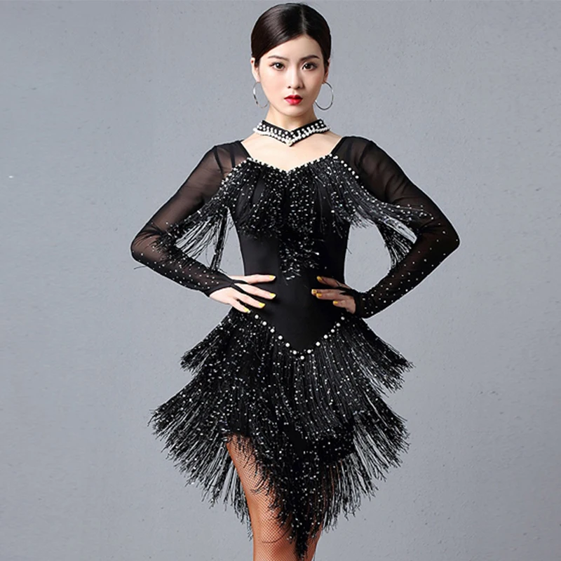 

Tassel Latin Dance Dress Women's Sequin Fringe Dress Performance Stage Wear Competition Clothing Ballroom Samba Dance DQL9358