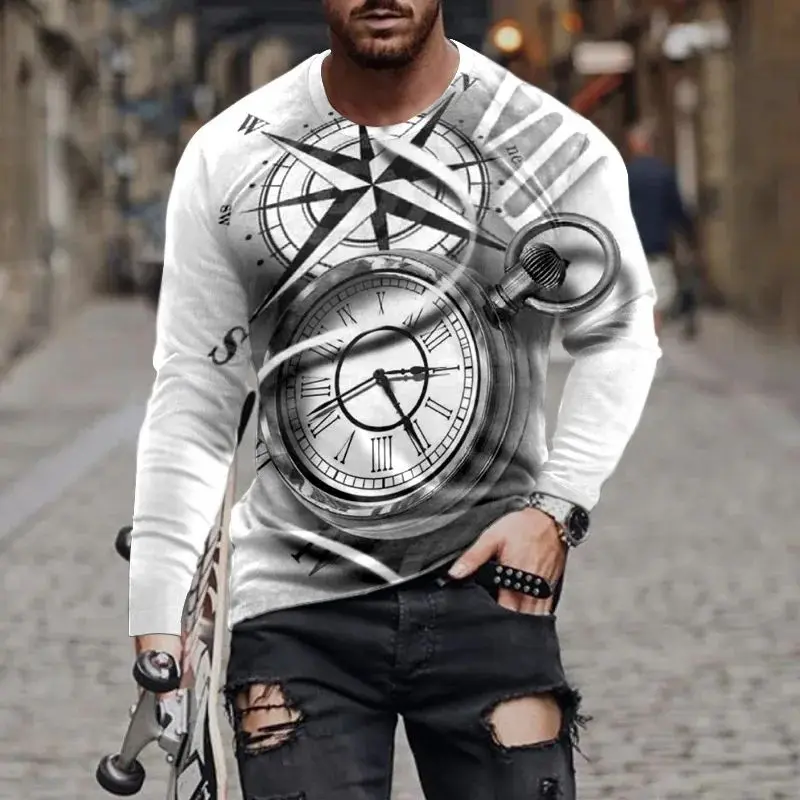 

Men's Spring And Autumn Fashion Classic Retro Clock Pattern 3d Printed Round Neck Long Sleeve T-Shirt Street Personality Top