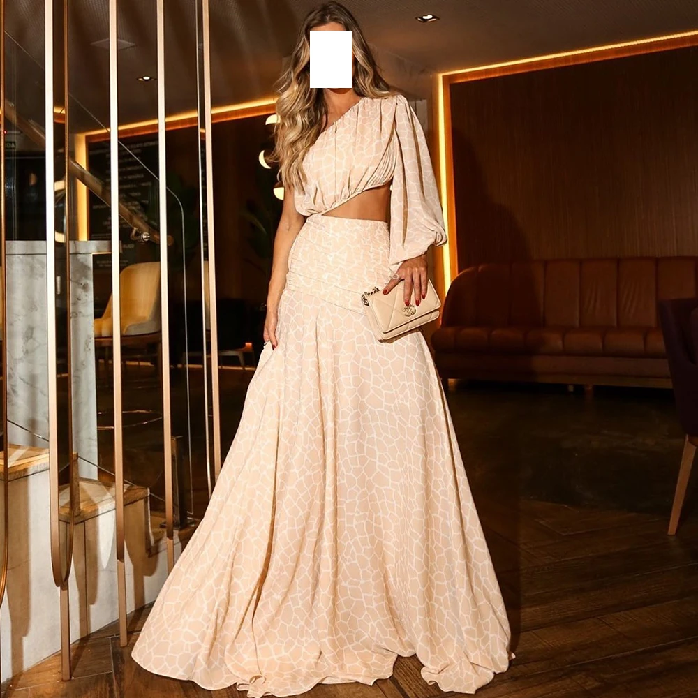 

Dubai Evening Caftan Dress One Shoulder Sleeveless Floor Length Sweep Train Flare Sleeve Champagne Bespoke Occasion Gowns