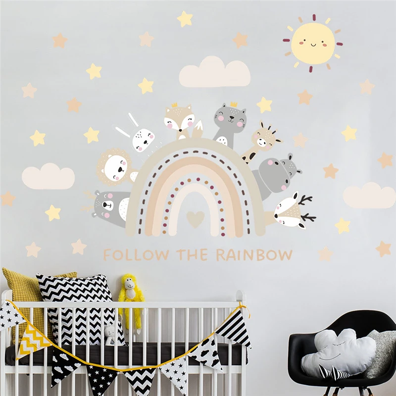 Funny Animals With Star Cloud Sun Rainbow Wall Stickers For Kids Bedroom Decoration Diy Animals Mural Art Home Decals Pvc Poster