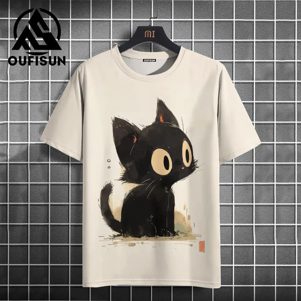 Funny Animal Black Cat Short Sleeve Tees Tops Casual T-Shirt For Men Oversized Streetwear Hip Hop Sweatshirt Men\'s Clothing Xl