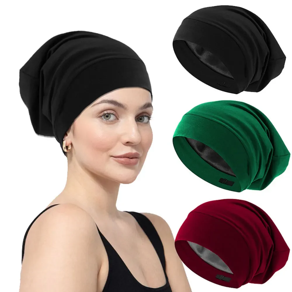 

Hot Women's Nightcap Hair Care Cap Satin Lined Sleeve Cap Adjustable Elastic Cap Men's Cap