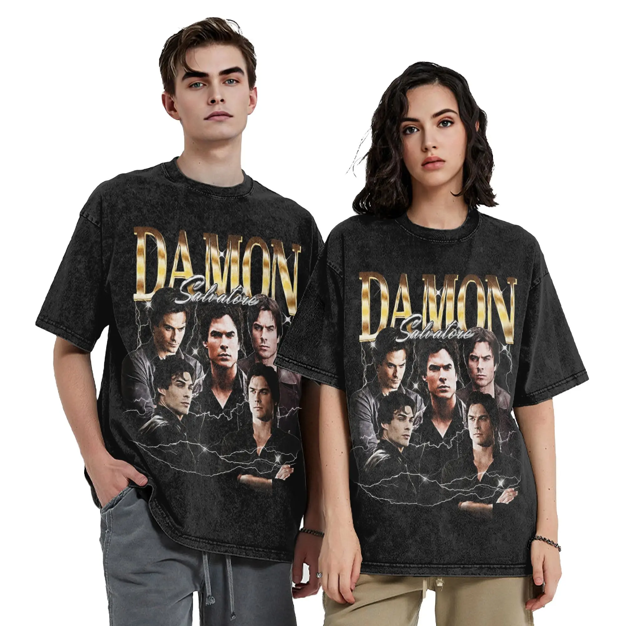 Damon Salvatore the Vampire Diaries Washed T Shirts Streetwear Hip Hop Vintage T-Shirt  Tees Men Women Short Sleeve Harajuku