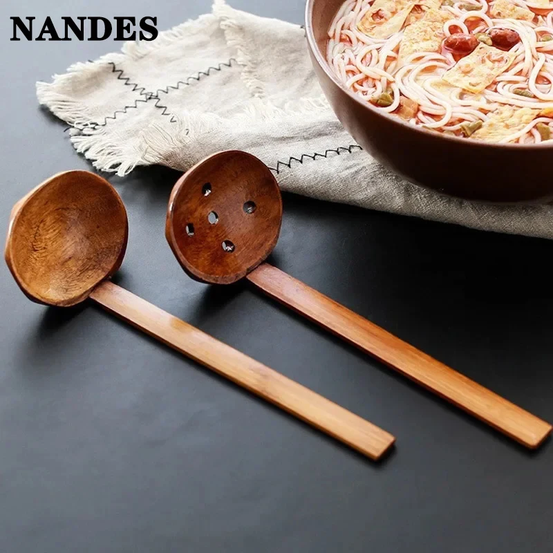 Cuchara japonesa de sopa de mango largo, cuchara de bambú para cocinar fideos Lamian de madera, cuchara, colador de olla caliente, accesorios de cocina para el hogar