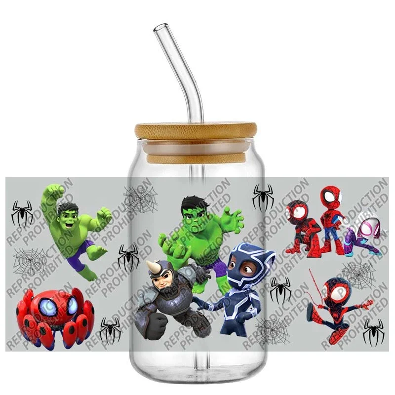 Cartoon Web‑Themed Masked Character Crew UV DTF Cup Wrap Stickers, Waterproof No‑Heat Transfer DIY Tumbler Decals for 16oz Glass