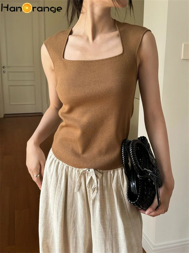 

HanOrange 2024 Summer Retro Square Neck Knitted Tank Women Skincare Comfortable Medium Strecth Slim Fit Top White/Black/Coffee