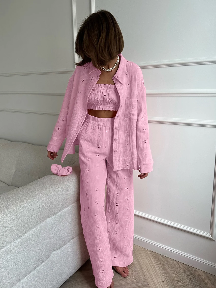 

Marthaqiqi Cotton Ladies Pajama 3 Piece Set Long Sleeve Nightie Turn-Down Collar Sleepwear Tank Tops Pants Casual Nightwear Suit