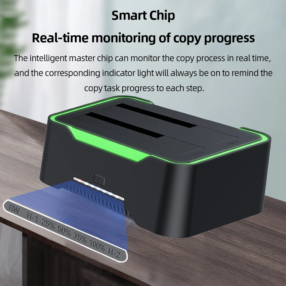 Estación de acoplamiento para disco duro, carcasa de 12V, 3A, USB 3,0 a SATA, doble bahía, efecto de lámpara RGB, HDD, SSD, 2,5/3,5 pulgadas