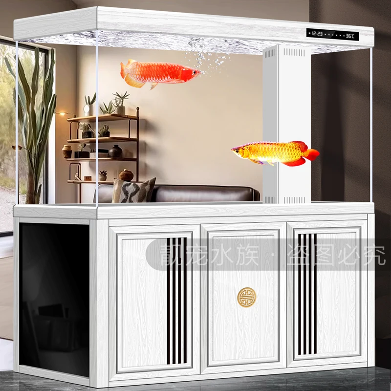 New Chinese fish tank aquarium ultra-white glass living room against the wall lazy water bottom filter medium and large arowana