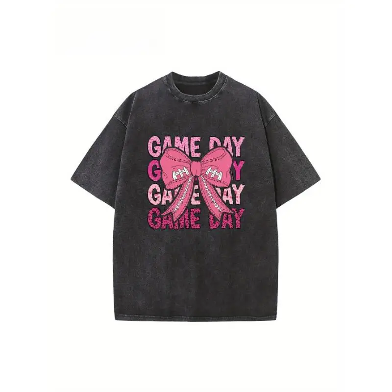 

Vintage "Game Day" T-Shirt Oversized Retro Slogan Tee Pink Bow Graphic Football Sports Lover Women's Gift Top