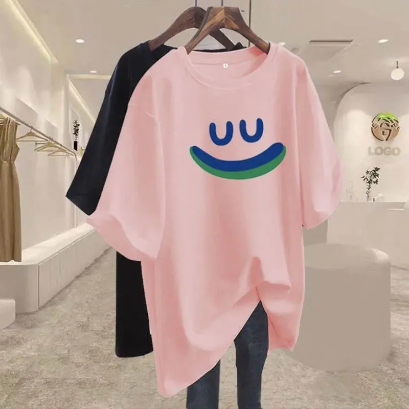 Women's Clothing Vintage All-match Smiling Face Print T-shirts Summer Casual Loose Pure Cotton Short Sleeve Top Tee Y2k Pullover