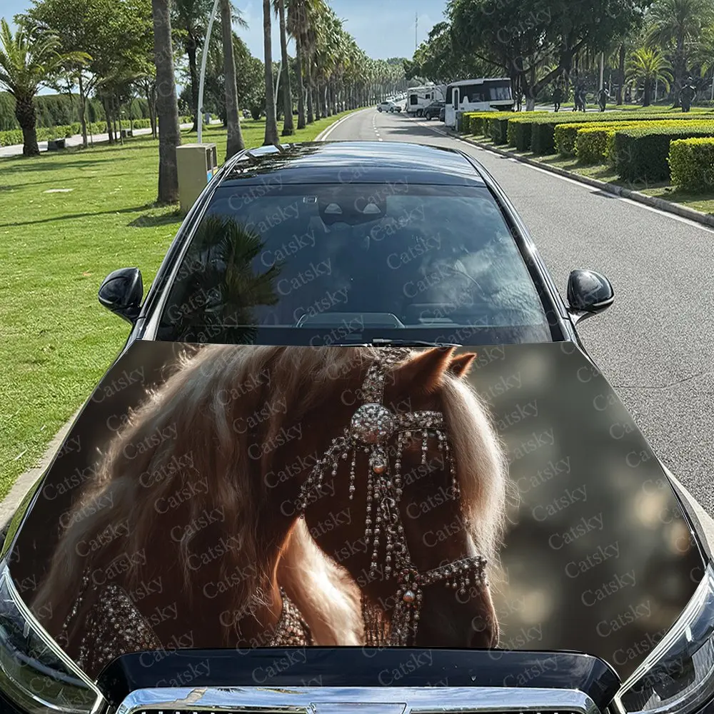 Luxury Gilded Decorated Horse Car Cover Sticker, Auto Hood Decal, Car Exterior Scratch Resistant Decal, Trendy Gift for Car Love