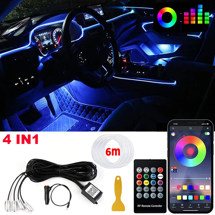 Led Auto Interieur Ambient Strip Lights Rgb Fiber Optic Sfeer Neon Verlichting Kit W/App Afstandsbediening Auto Decoratieve Lampen