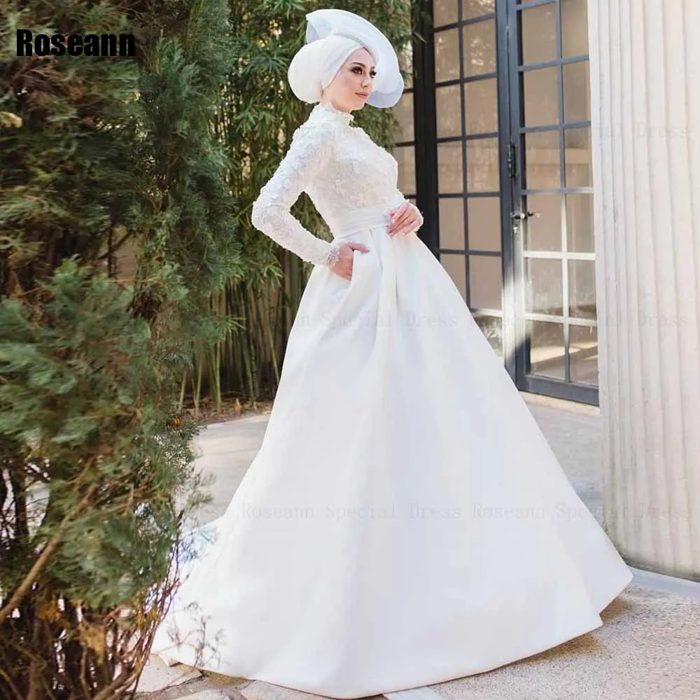 Customized Muslim Fashion A-line Wedding Dresses Applique Design Brush Train Full Draped Pleat Long Bride Dress robe de mariée