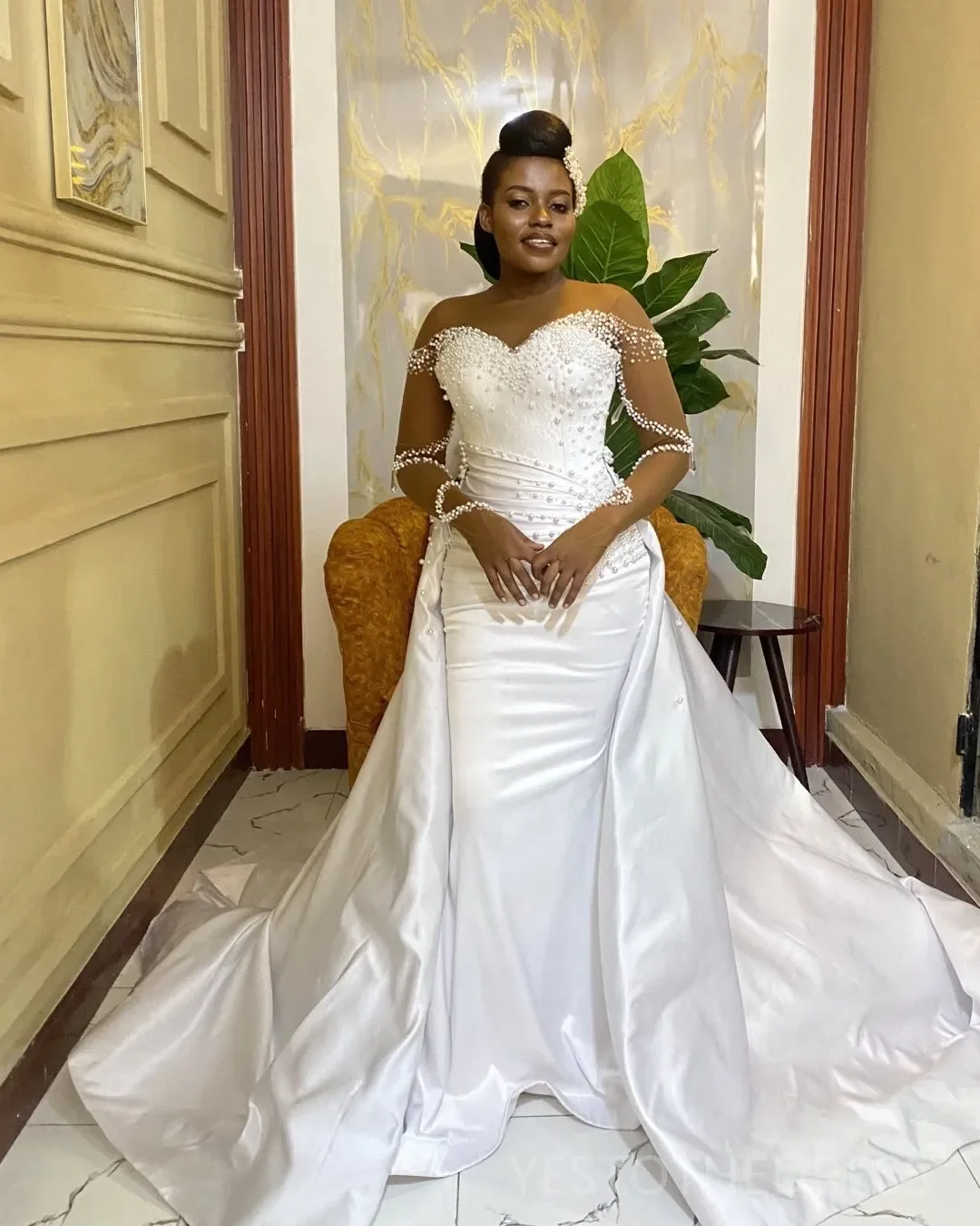 Customized Sheer Neck Sparkly Pearls  Wedding Dress with Removable Skirt  Robe De Marriage  Plus Size  Long Sleeves  Bridal Gown