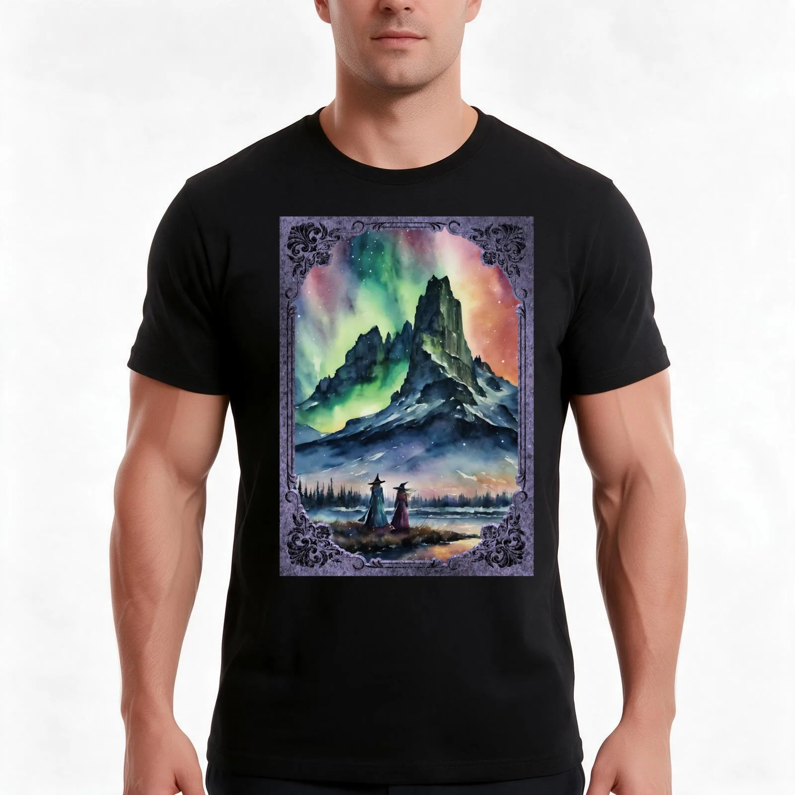 Winter Witches Watch the Northern Lights by Lyra o'Brien T-Shirt, Summer Casual Cotton Tee, Oversized Streetwear Tops