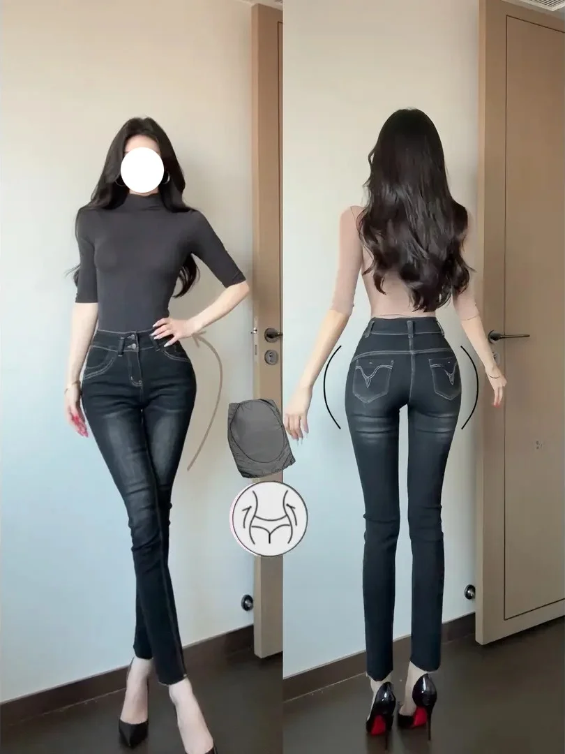 

Slim Fit Jeans High Waist Straight Leg ket Embroidery Bla ey Double Bule Women's Denim Pants Tummy Control Nine Crop