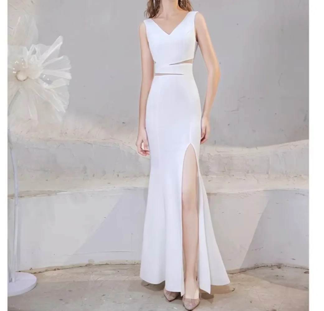 Customized White Mermaid Evening Gown Sleeveless Deep V Neck Waist Cutout High Side Slit Back Multi Layer Beaded Chains Dress