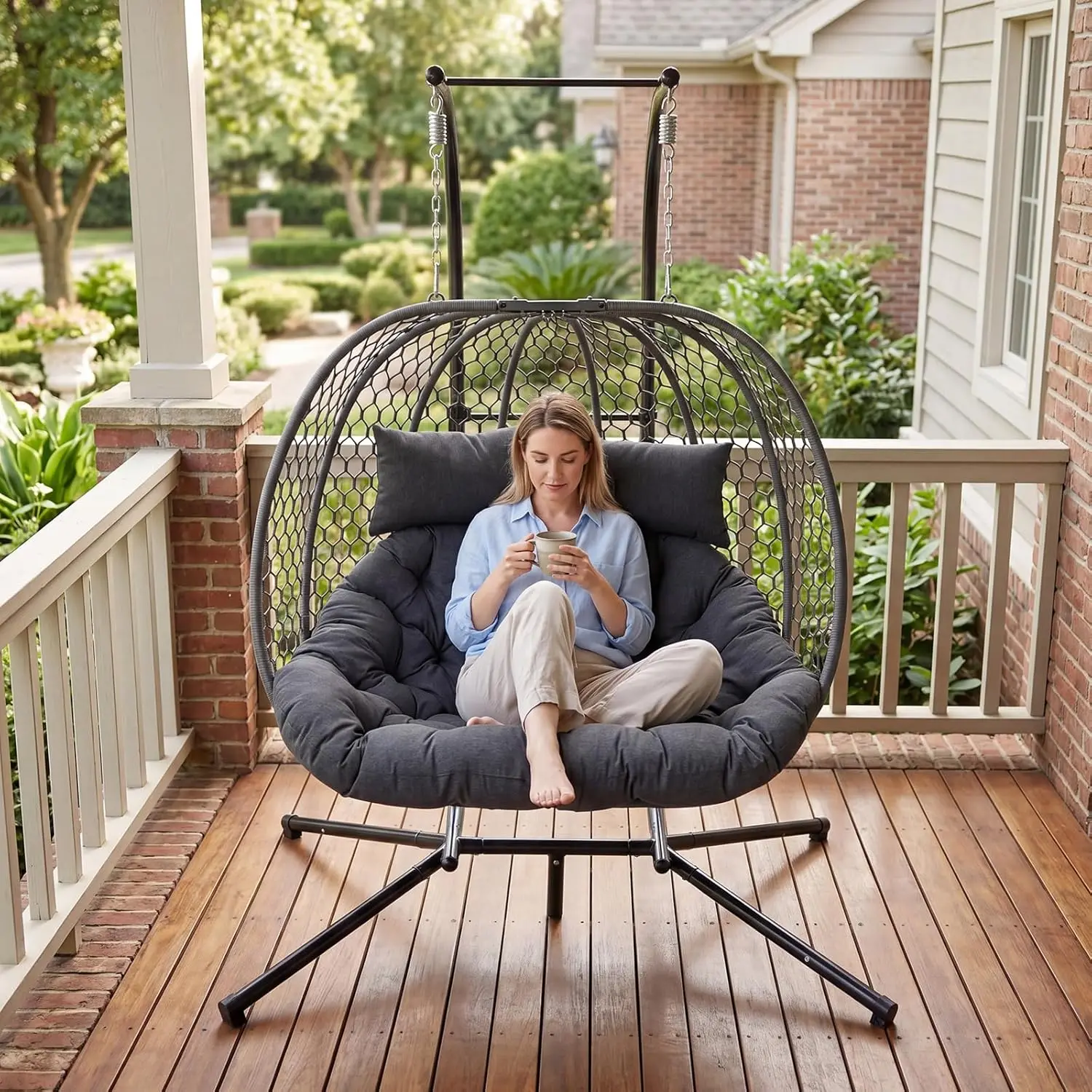 Double Outdoor Egg Swing Chair with Stand, Foldable Braid Rope Rattan Hanging & Metal Nest Rocking Chair, Custom
