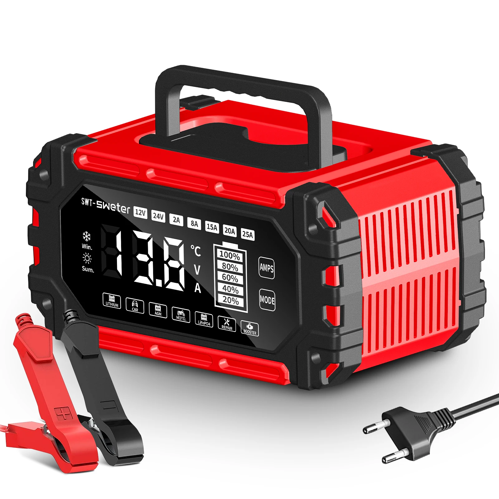 POPDEER PD-BC25 Intelligent Pulse Repair Charger 12V25A/24V15A for Lead-Acid/LiFePO4/AGM/Motorcycle, Rev/Short/Ovcur Protect