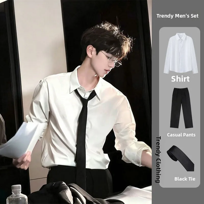 

Белая мужская повседневная рубашка с длинным рукавом для выпускных фотографий, в стиле школьной формы, из полиэстера, для прогулок по городу, весенняя коллекция, Cleanfit