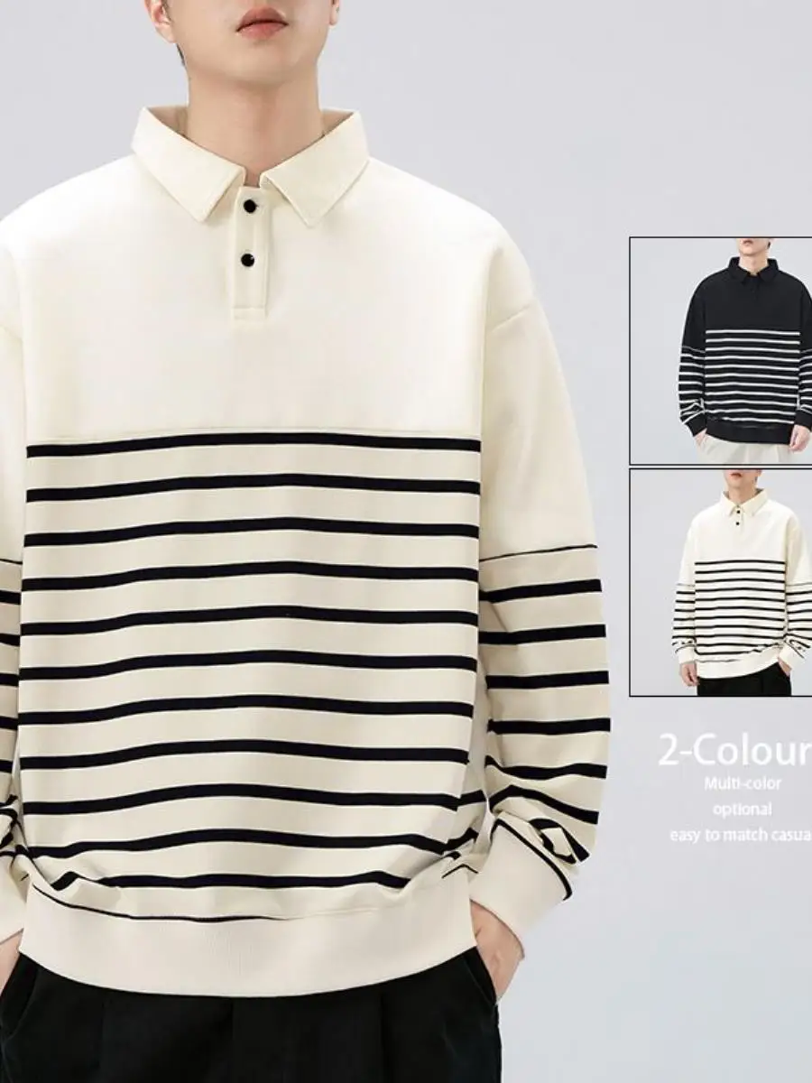 

Мужская полосатая толстовка с длинным рукавом, осенне-зимняя модная универсальная футболка в американском стиле 2025 года, полосатая футболка для мужчин