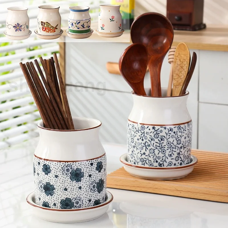 Japanese Style Ceramic Drain Chopstick Holder Kitchen Utensil Storage Rack Tableware Organizer with Drainage Holes Home Decor