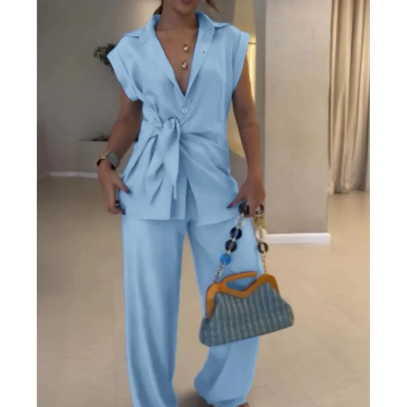 

Casual Loose Lace Up Long Shirts Pants Two Piece Sets Women Office Elegant Solid Short Sleeve Shirt Outfits Summer Pants Sets