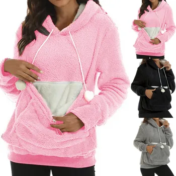 Winter Plüsch Nette Pet Carrier Halter Hoodies Frauen Sweatshirts Neue Känguru Hund Katze Beutel Große Tasche Mantel Fleece Warme Pullover