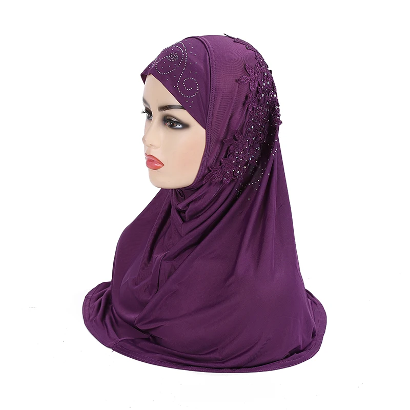 H027 beautiful big gilrs muslim hijab with lace and stones islamic scarf shawl headscarf hat armia pull on wrap ramadan gift