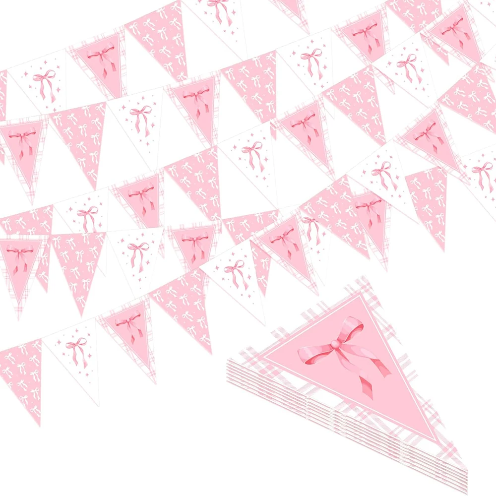 Rosa Schleife Party Banner Dekore Schleife Wimpel Dreieck Flaggen für Hochzeit Brautparty Kokette Geburtstagsfeier Hängende Dekorationen – Detail 1