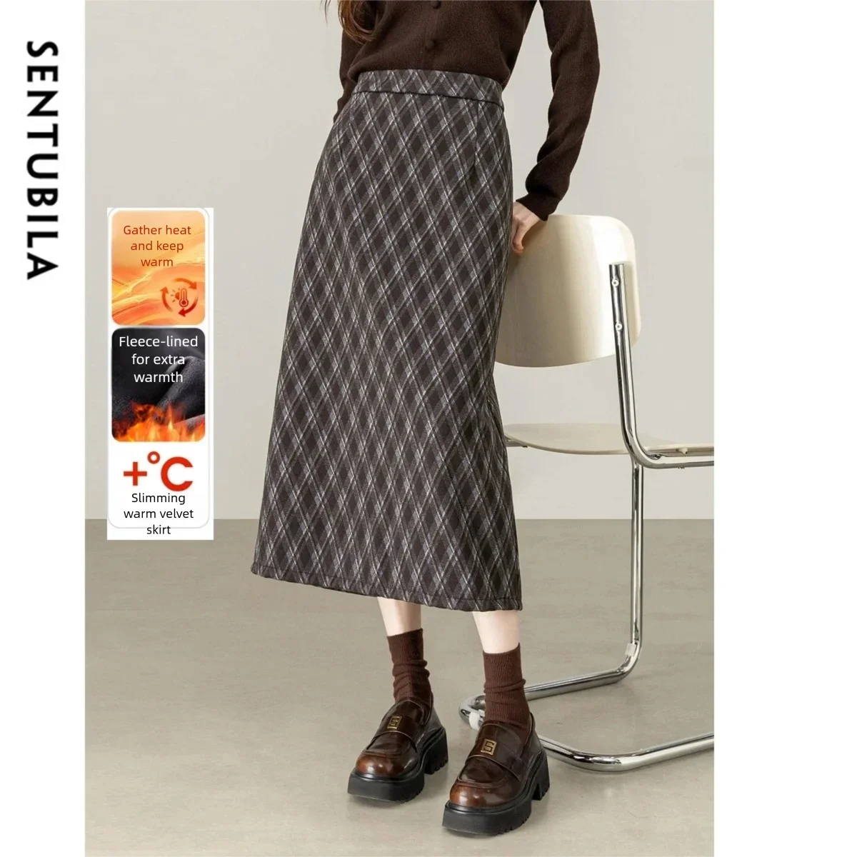 

SENTUBILA женская клетчатая юбка 2025, винтажная прямая длинная юбка с разрезом на флисовой подкладке, повседневная зимняя теплая женская одежда W54QF5752